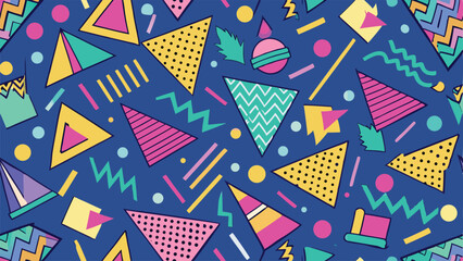 Obraz premium Retro Memphis Style Geometric Shapes Pattern With Pink Yellow Teal And Blue 1980s 1990s