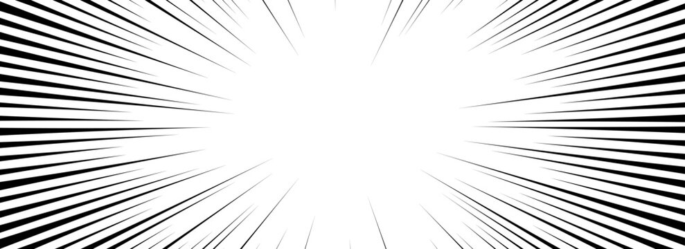 Comic speed lines background. Cartoon book explosion background. Superhero radial line pattern frame. Manga or anime sunburst wallpaper. Pop art flash beams or rays effect. Vector impact backdrop