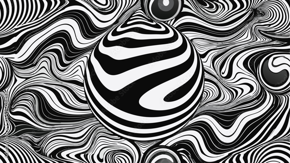 Poster black and white abstract wavy lines and sphere with concentric circles stripes pattern