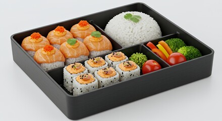 Indulge in this vibrant sushi bento box, a feast for the eyes and palate.