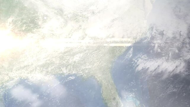 Earth zoom in from space and focus on Macon, Georgia, USA. Background for travel intro or blog. Satellite view. 3D style Animation. Images from NASA.