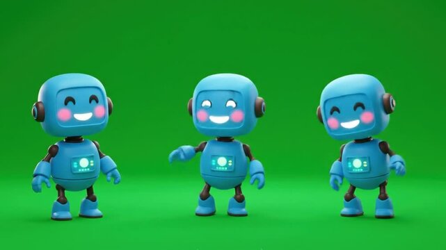 Adorable Blue Robots:  3D Render of Playful Bots