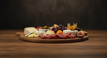 Indulge in this rustic charcuterie board, a delectable spread of cheeses, cured meats, and seasonal fruits.