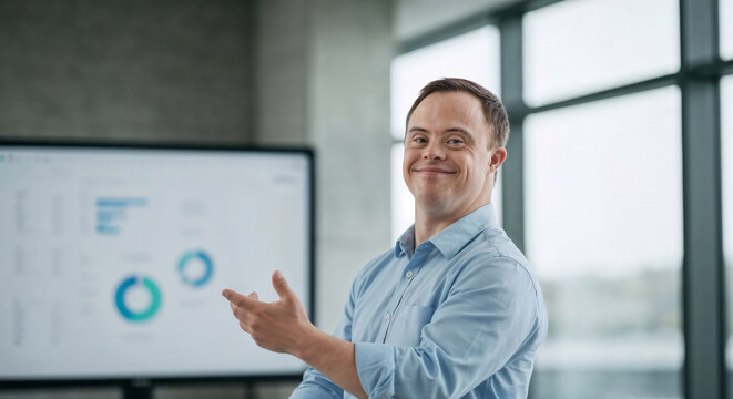 Businessman with down syndrome pointing at screen displaying positive results during business presentation, smiling confidently in a modern office, exemplifying workplace inclusion and empowerment