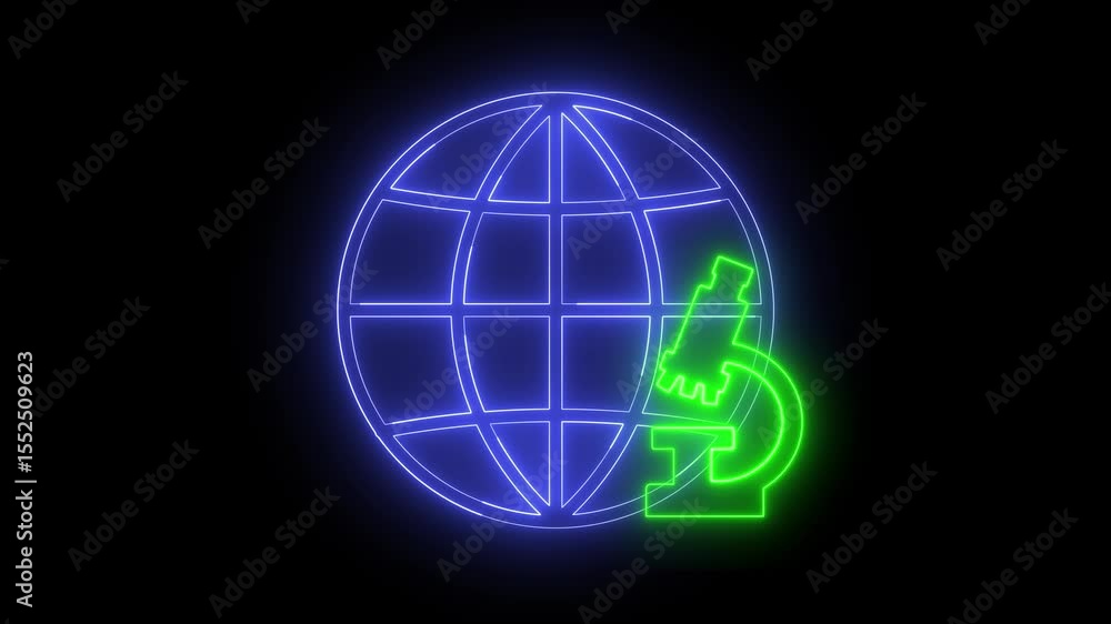 Poster animation of an icon of a globe with a microscope, with neon light effect