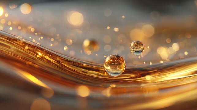 Amber liquid serum ripple effect with suspended pearl particles casting soft shadows and bokeh light flares, ideal for luxury skincare branding and digital design concepts.
