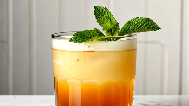 Refreshing cocktail served in a glass with mint garnish, set against a stylish kitchen backdrop