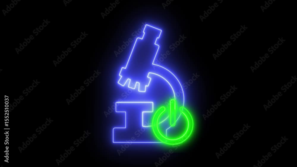 Poster animation of a microscope icon with a power sign, with a neon light effect