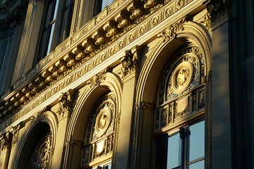Fototapeta premium Ornate Gold Trim on Arched Windows of Historical Building at Golden Hour