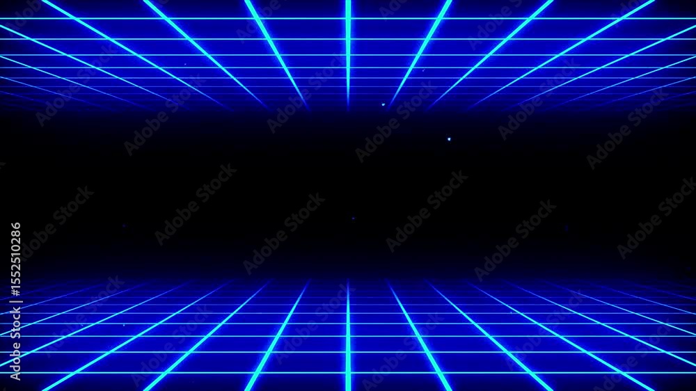 Poster retro blue grid animation: perspective view of glowing lines on black background. 80s style backgrou