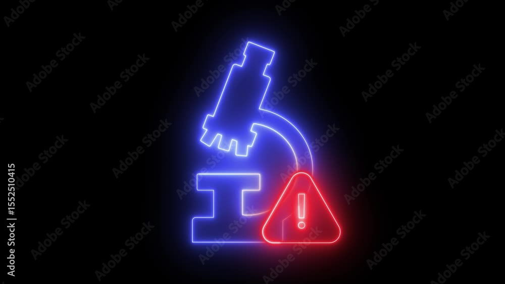 Poster animation of a microscope icon with a warning sign, with neon light effect