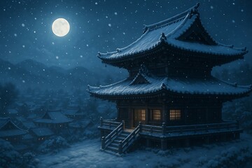 Traditional Japanese wooden temple blanketed in snow under a full moon in a quiet mountainous village. Perfect for winter travel, architecture, heritage, and night landscape themes.