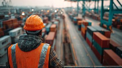 Male worker in safety vest and helmet observes busy shipping yard filled with colorful containers, showcasing hustle of logistics