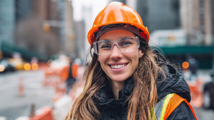 Smiling female construction worker wearing hard hat and safety glasses stands confidently busy city street, showcasing her professionalism