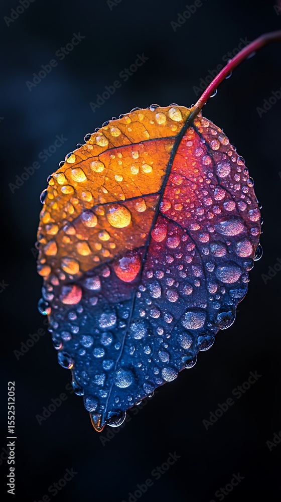 Poster multicolored leaf shines with countless dewdrops against a stark black background, creating a stunni
