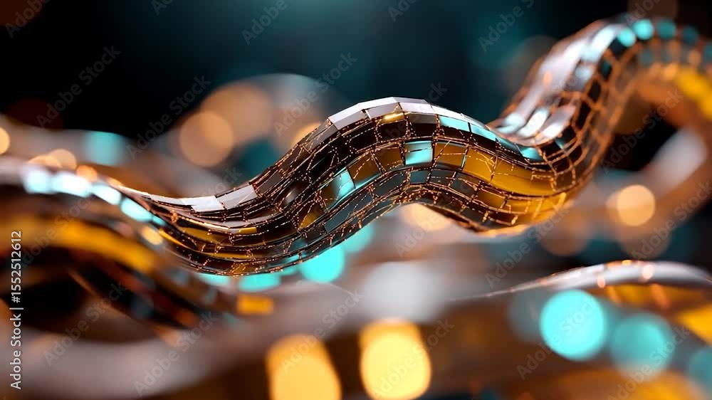 Aufkleber abstract metallic ribbon structure with grid pattern and bokeh background in teal and golden hues