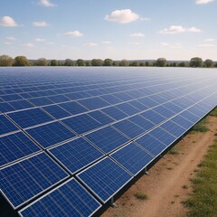Solar Power Plant Panorama, Blue Photovoltaic Panels and Open Fields, Renewable Energy Scene Material