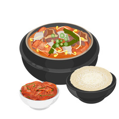 Vector Illustration Logo Clipart Haejjanguk Korean Hangover Soup on a Ttukbaegi with Rice and Kimchi