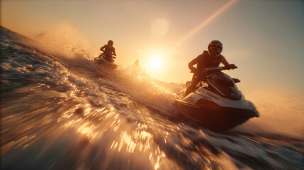 Two jet skis racing across ocean at sunset, creating splashes of water, with riders enjoying thrill of adventure