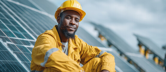 Confident Black engineer in yellow safety helmet and jumpsuit poses in front of solar panels, showcasing dedication to renewable energy