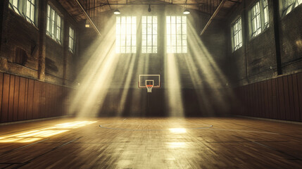Vintage basketball gymnasium with wooden floor, illuminated by sunlight streaming through large windows, creates nostalgic atmosphere