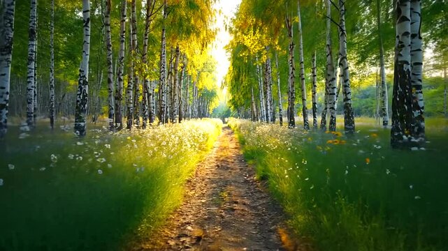 Serene sunlit forest path lined with birch trees and wildflowers in a vibrant spring landscape