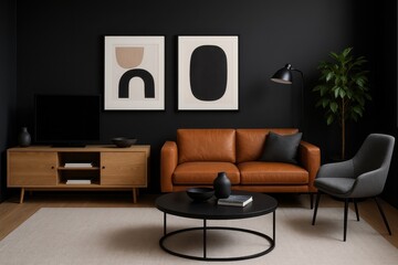 Contemporary black living room with sophisticated furniture and wooden console