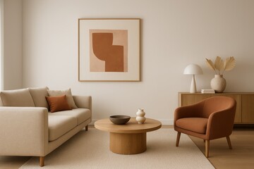 Contemporary living room interior with blank poster frame and modern blue decor