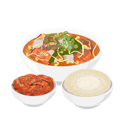 Vector Illustration Logo Clipart Haejjanguk Korean Hangover Soup with Rice and Kimchi