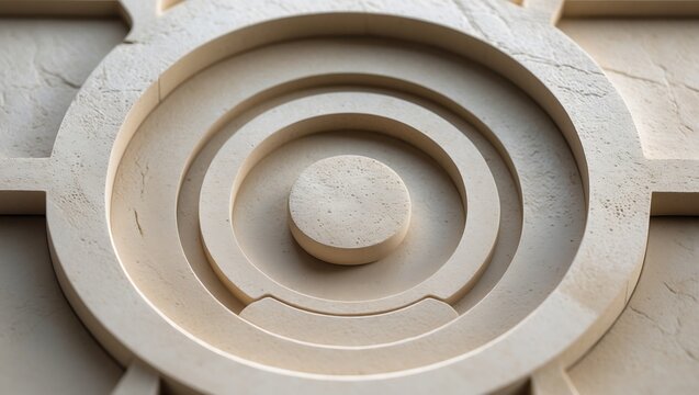 Close up of a textured beige stone architectural element with concentric circles and geometric patterns - Powered by Adobe