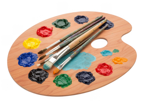 Isolated Artistic Paint Palette with Assorted Colors and Paintbrushes