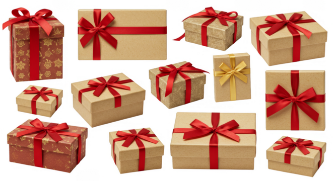 Isolated Assortment of Gold Gifts Boxes with Red Ribbon and Bows