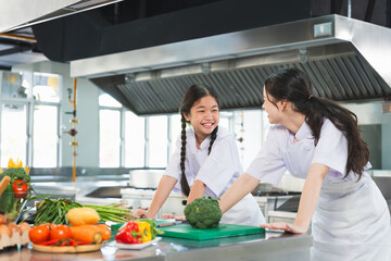 Smiling Asian Teenagers Learning to Cook in a Professional Kitchen, Young Female Students Enjoying...