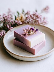 Two elegant lavender soaps adorned with delicate flowers on a soft, textured surface with greenery