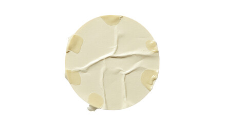 Isolated Beige Circle Sticker with Tape Wrinkles on Transparent Background
