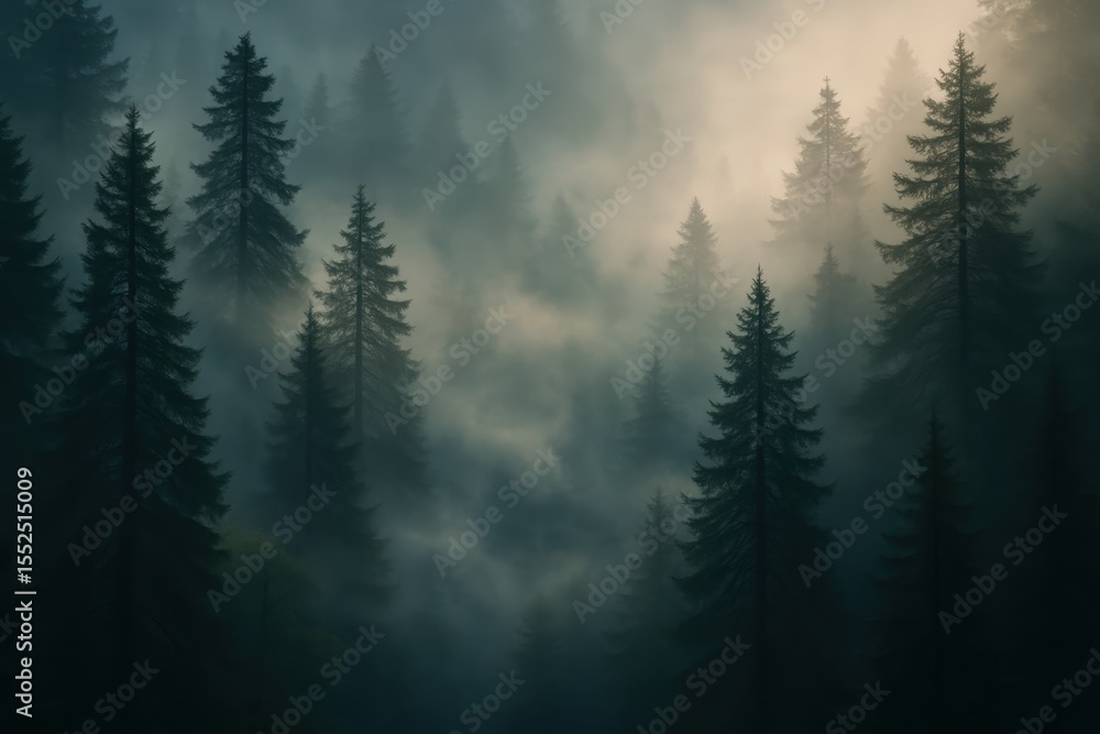 Poster ethereal fog and mist rolling through ancient pine forest creating mystical atmosphere
