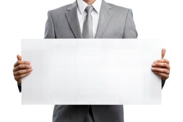 Businessman holding blank white sign for message or advertisement isolated on transparent background