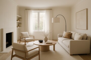 Fototapeta premium Contemporary living room interior featuring sleek modern furniture and sophisticated color palette in minimalist residential design