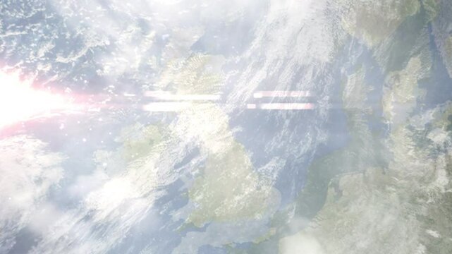 Earth zoom in from space and focus on Morpeth, England, North East England, Great Britain. Background for travel intro or blog. Satellite view. 3D style Animation. Images from NASA.