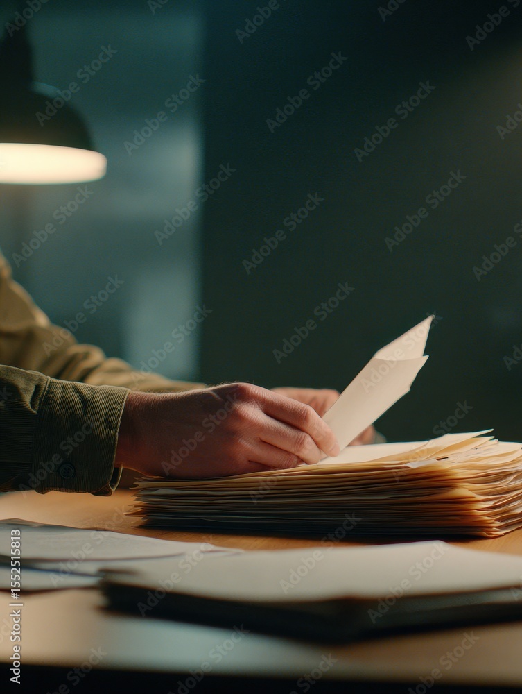 Aufkleber a person sorting through a stack of documents on a desk under warm lighting in an office