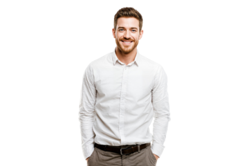 Casual young man smiling with hands in pockets isolated on transparent background