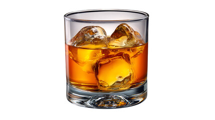 A refreshing glass of amber whiskey with ice cubes isolated on transparent background