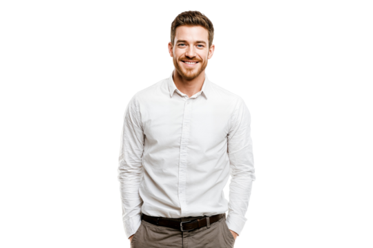 Casual young man smiling with hands in pockets isolated on transparent background