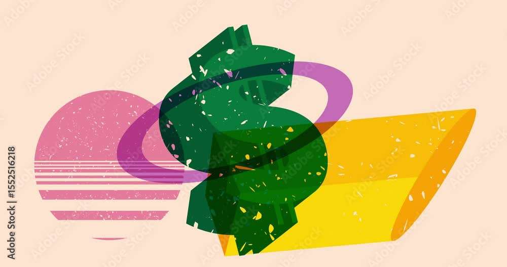 Poster risograph dollar sign with geometric shapes animation. moving object in trendy riso graph design vid
