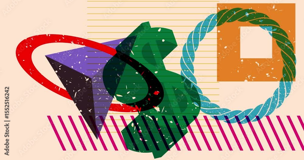 Poster risograph dollar sign with geometric shapes animation. moving object in trendy riso graph design vid