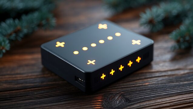 Modern black electronic device with illuminated orange lights on a rustic wooden surface with blurred fir branches