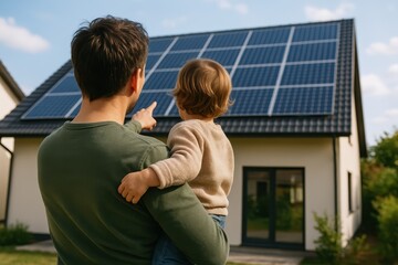 Father and daughter admiring their eco-friendly home with newly installed solar panel system representing sustainable living commitment