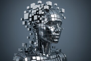 Futuristic human head sculpture composed of geometric building blocks in contemporary digital art style with metallic finish