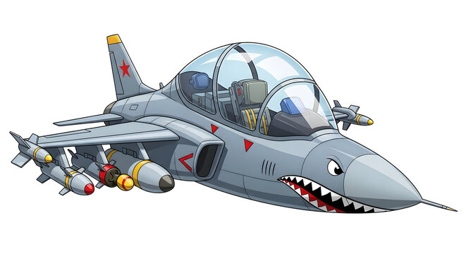 Pixelated cartoon illustration of a jet fighter plane with a transparent background features a gray aircraft with a cartoon shark mouth design on the nose and various weapons attached