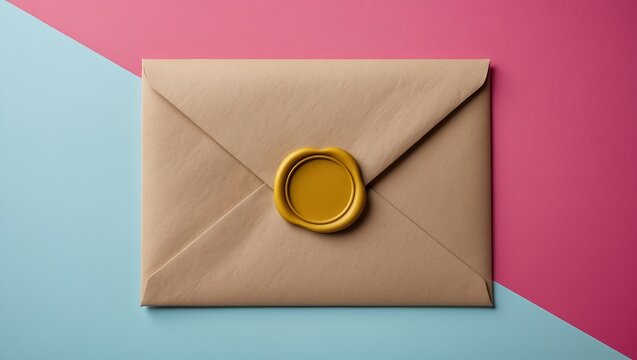 Brown kraft envelope sealed with a golden wax seal on a split pink and blue background